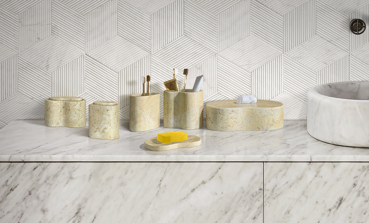 Natural Marble Bathroom Accessories Set - Gold Yellow Beige Genuine Stone Decor