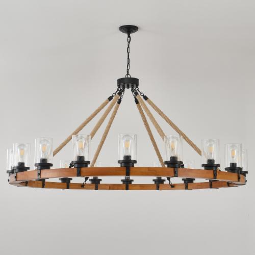 8-Light Rustic Wagon Wheel Chandelier | 31" Wood Frame & Seeded Glass, Farmhouse Industrial Pendant