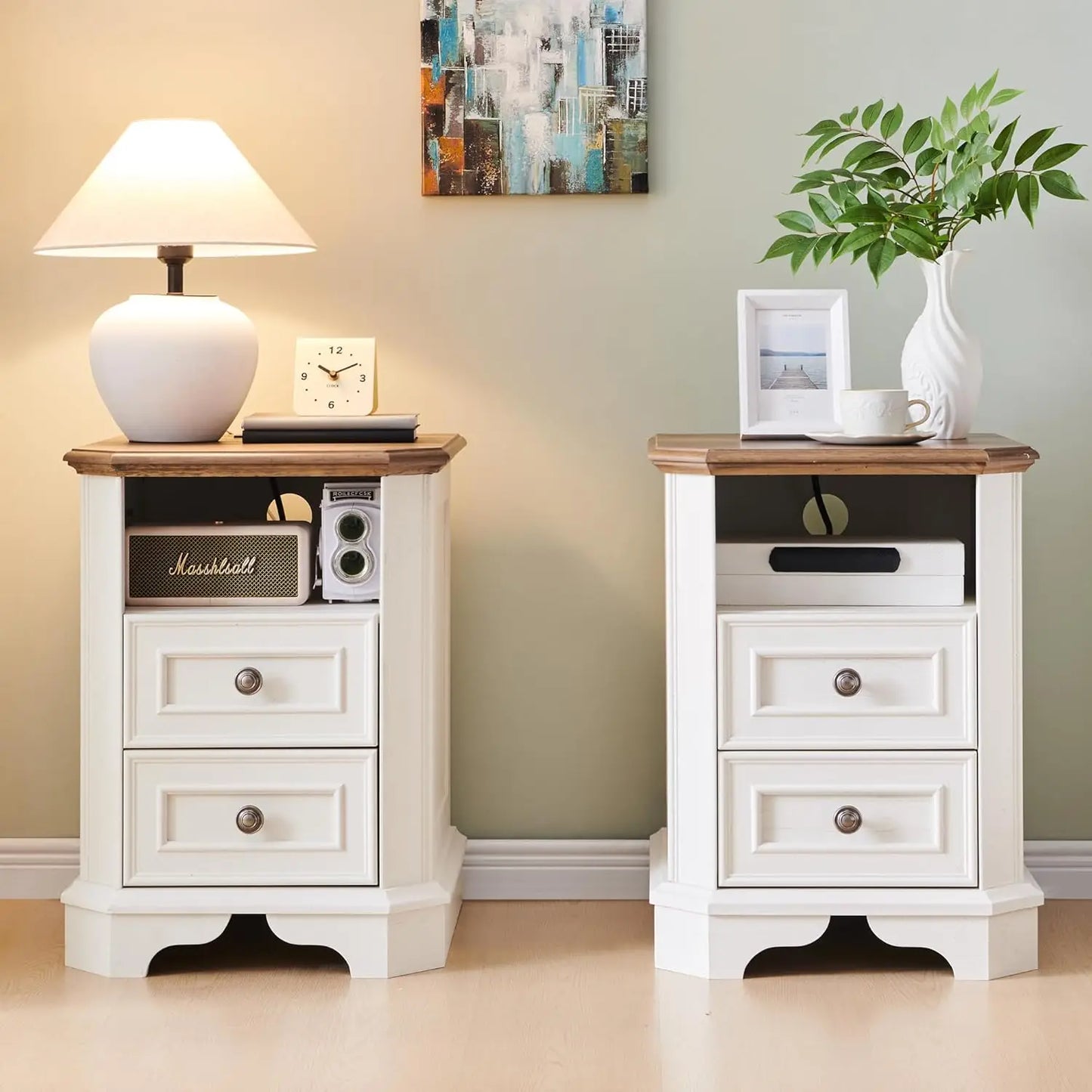 Farmhouse Nightstand Set of 2 with Charging Station 18' End Table with 2 Drawers