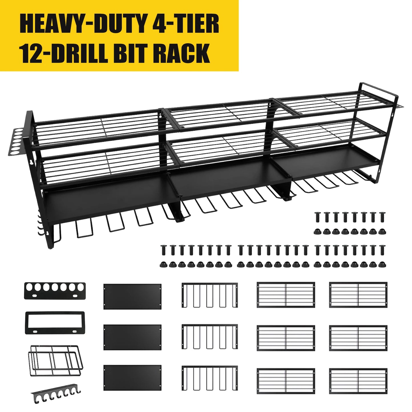 4-Tier 12-Drill Bit Rack Tool Storage Rack Heavy-Duty Large Organize 600 lb Wall-Mounted Screwdriver Wrench Garage