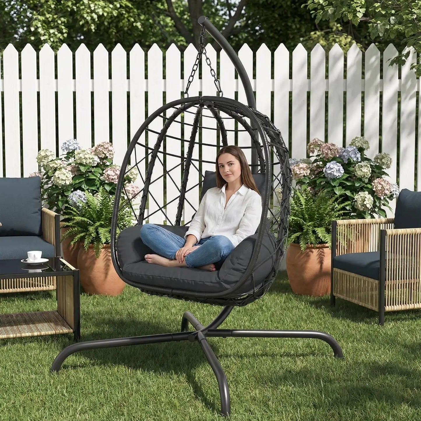Wicker Foldable Hanging Egg Chair with Stand