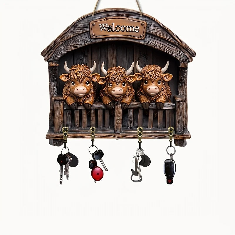 12in Retro Three Highland Cow Wooden Key Hanger