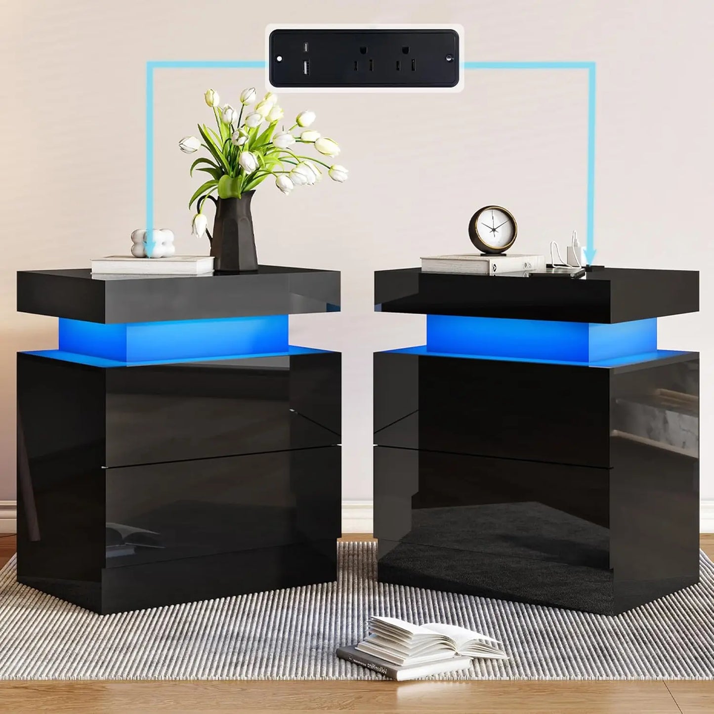 High Gloss End Table Set of 2 with Charging Station, Modern Bedside Table Night Stand with LED Lights,Customized