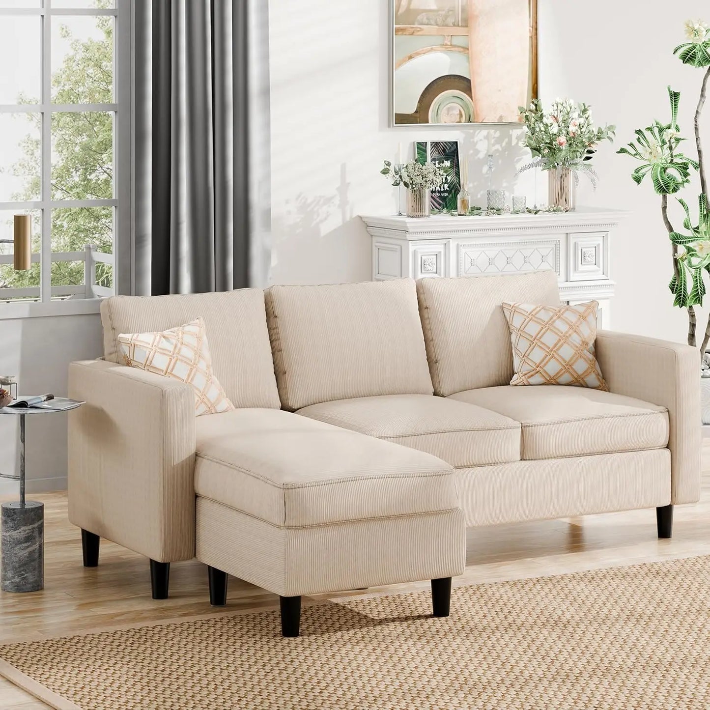Convertible Sectional Sofa Couch L-Shape Movable Ottoman 3-Seat Soft Fabric Small Living Room Apartment Office Dark Gray, Custom