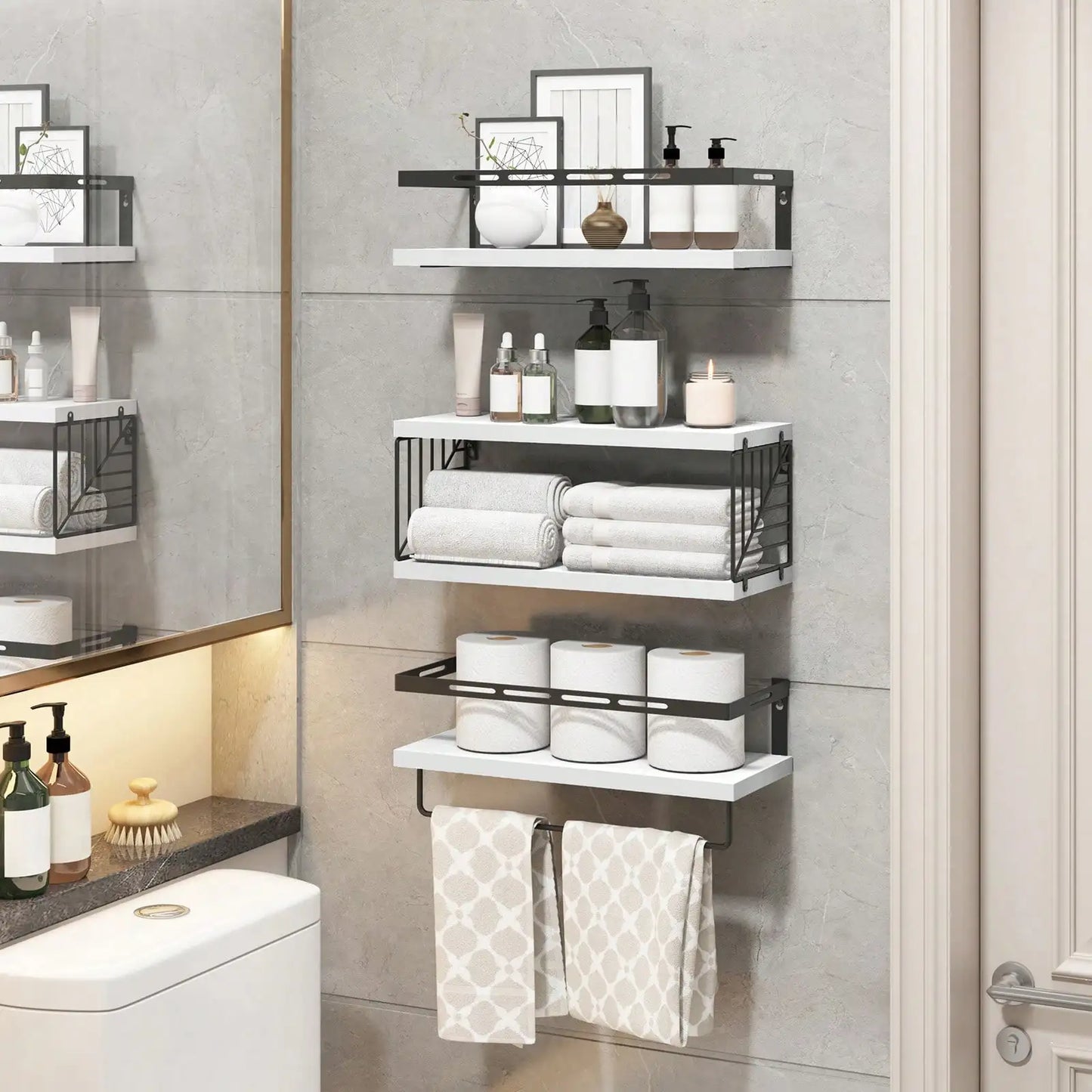 Tomnk 3+1 Tier Wall Mounted Bathroom Shelves and Towel Bar