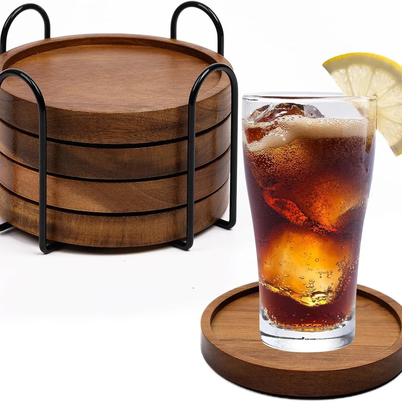 Wood Coasters for Drinks Absorbent Wooden Coasters with Holder for Table
