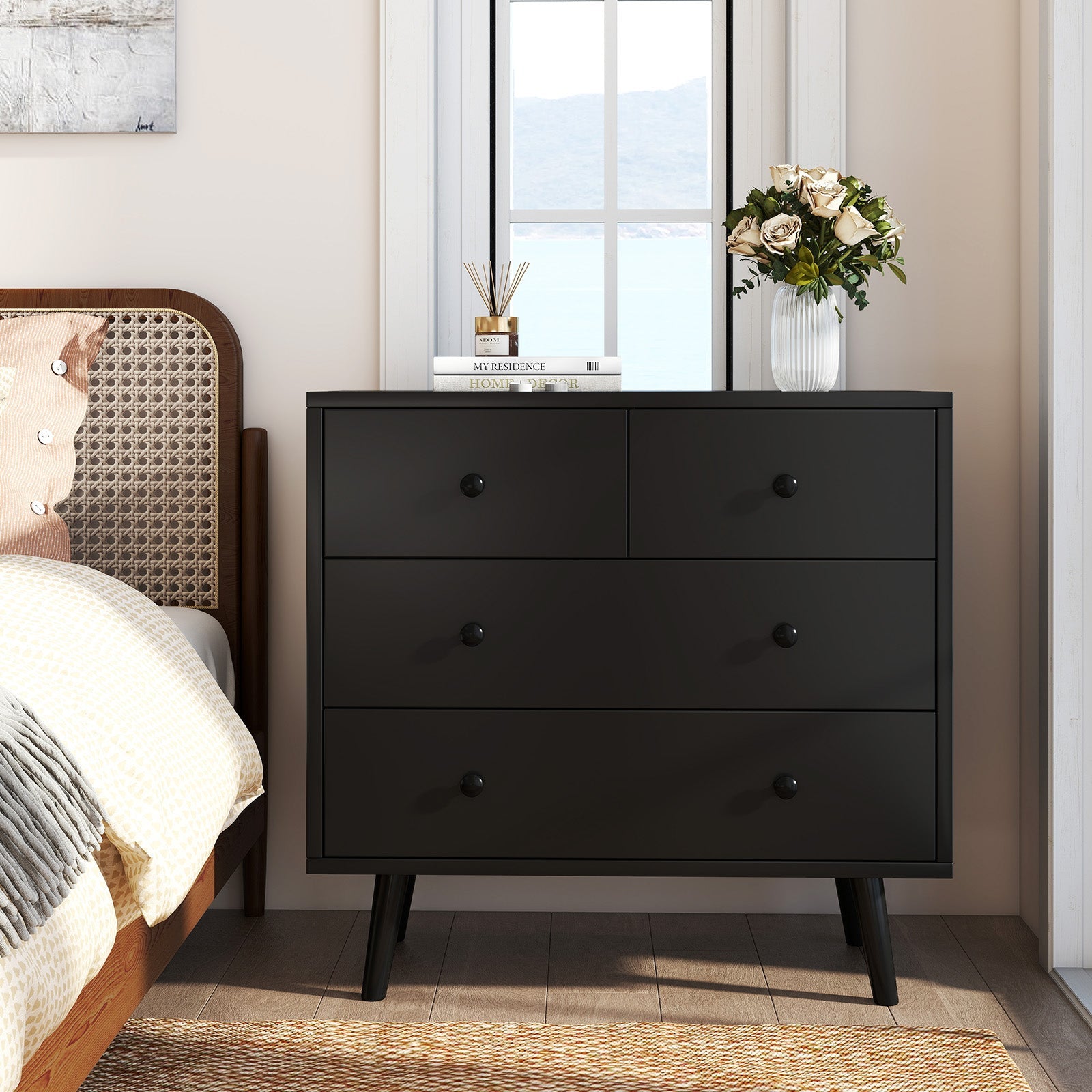 Wide Wooden Dresser with 4 Drawers for Bedroom Living Room