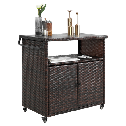Outdoor Wicker Bar Cart, Patio Wine Serving Cart
