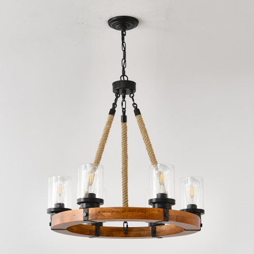 8-Light Rustic Wagon Wheel Chandelier | 31" Wood Frame & Seeded Glass, Farmhouse Industrial Pendant