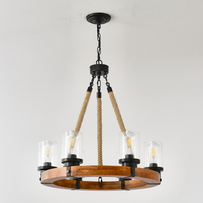 8-Light Rustic Wagon Wheel Chandelier | 31" Wood Frame & Seeded Glass, Farmhouse Industrial Pendant