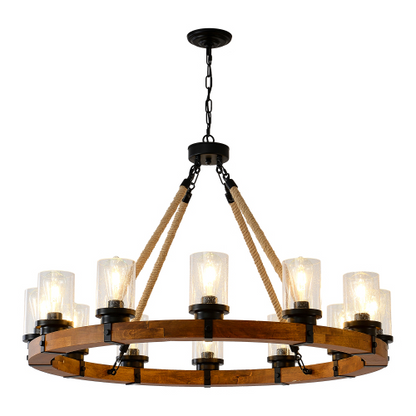 8-Light Rustic Wagon Wheel Chandelier | 31" Wood Frame & Seeded Glass, Farmhouse Industrial Pendant