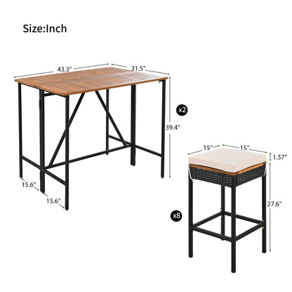 Outdoor Acacia Wood Bar Height Table and Eight Stools with Cushions