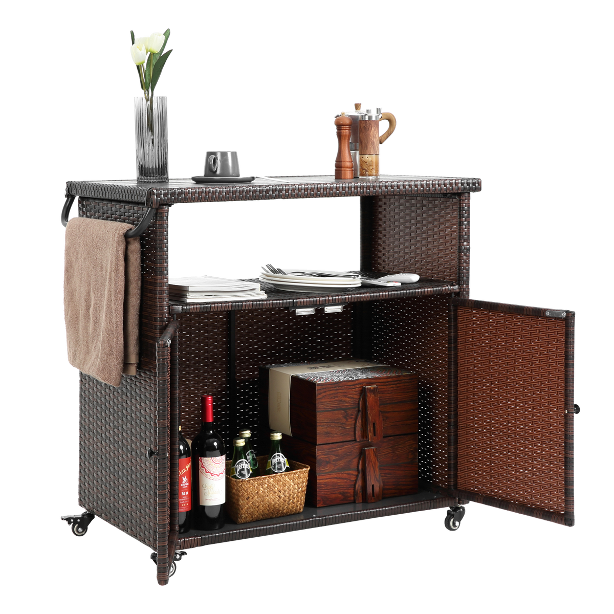 Outdoor Wicker Bar Cart, Patio Wine Serving Cart