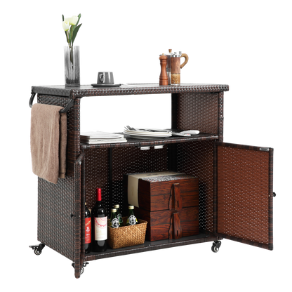 Outdoor Wicker Bar Cart, Patio Wine Serving Cart