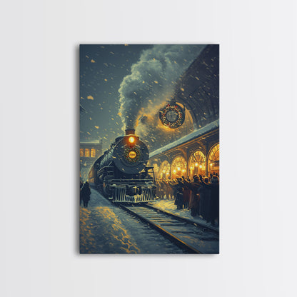 Nostalgic Christmas Train Station Scene in Snowy Winter Night, Ideal for Holiday Decor, Framed Canvas Print