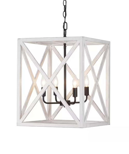Alsy 16"W 4-Light Distressed White Caged Large Pendant Light Fixture, French Country Style