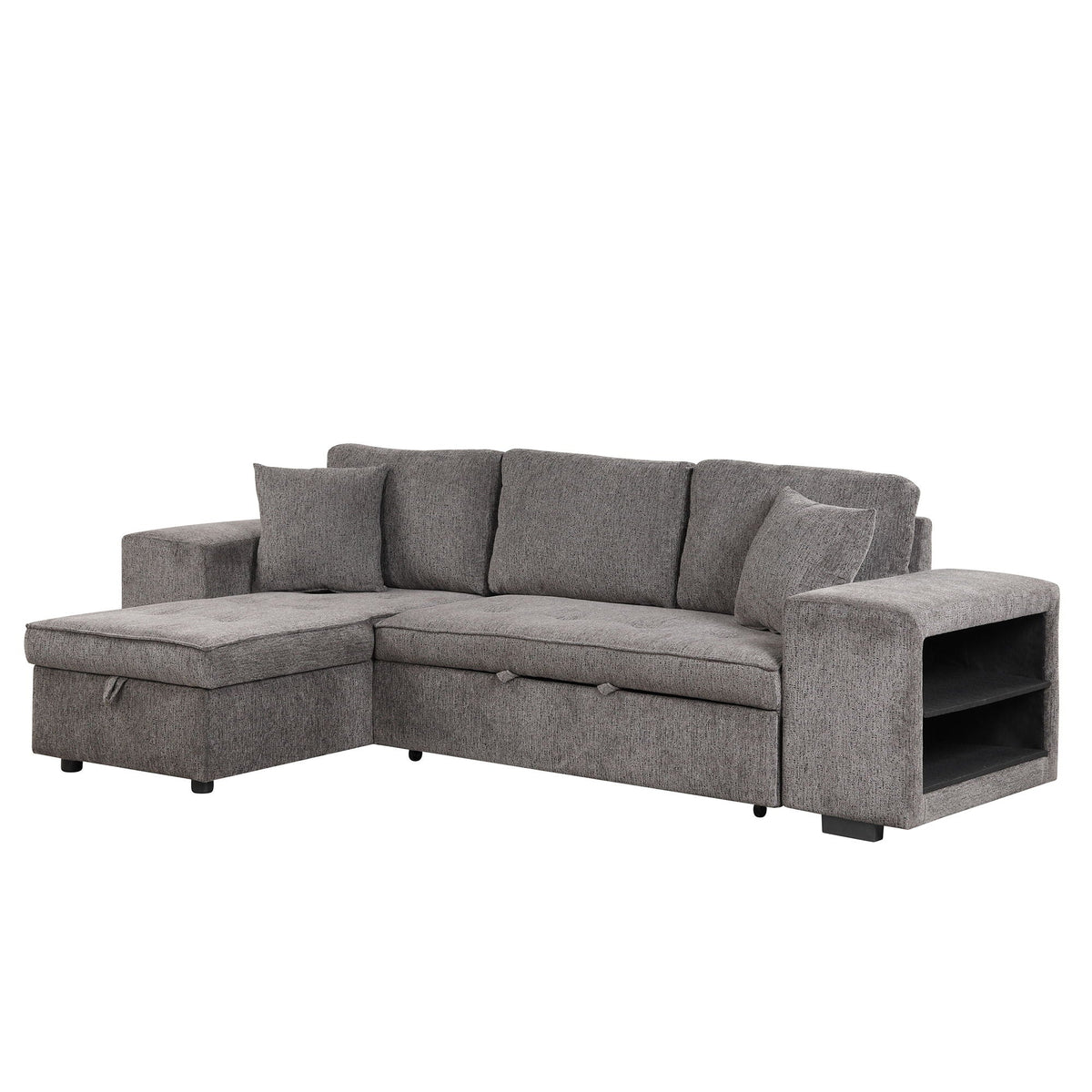 Modern L-Shape 3 Seat Reversible Sectional Couch, Pull Out Sleeper Sofa With Storage Chaise And 2 Stools For Living Room Furniture Set