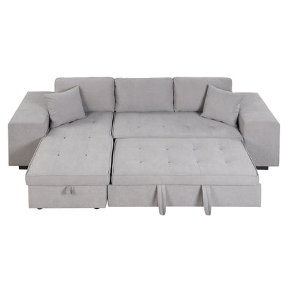 Modern L-Shape 3 Seat Reversible Sectional Couch, Pull Out Sleeper Sofa With Storage Chaise And 2 Stools For Living Room Furniture Set