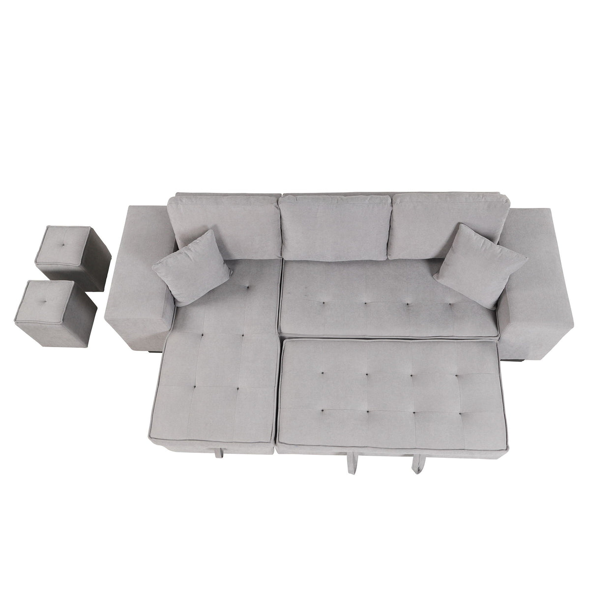 Modern L-Shape 3 Seat Reversible Sectional Couch, Pull Out Sleeper Sofa With Storage Chaise And 2 Stools For Living Room Furniture Set