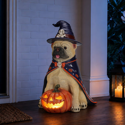 Halloween Bulldog Witch Statue with LED Light Up Jack-O-Lantern Pumpkin - Orange, Black, & Purple