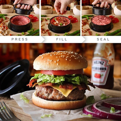3-in-1 Manual Kitchen Gadget: Hamburger Patty, Round Beef Burger & Meatball Press.