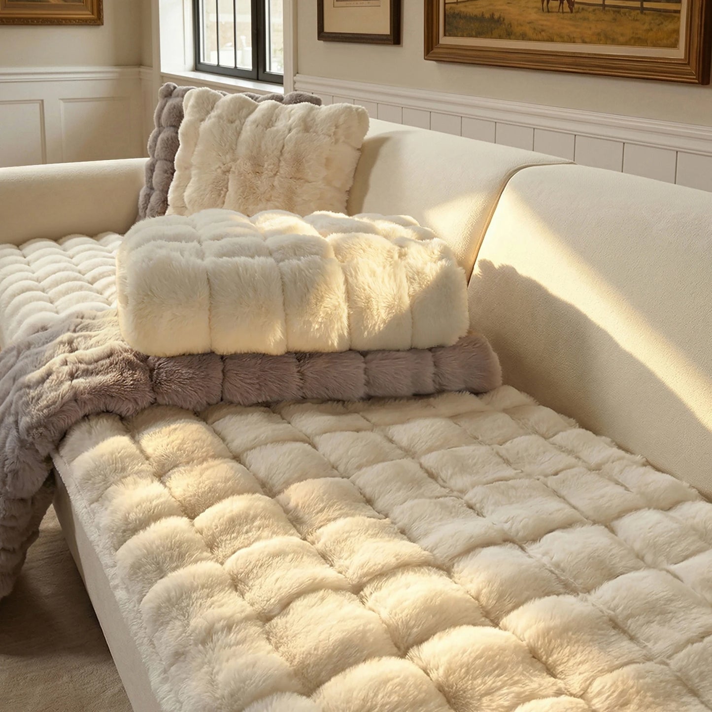 Thick Fluffy Faux Rabbit Fur Sofa Cover White Non-slip