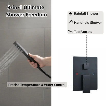 10" Rain Shower System with Tub Spout & Handheld, Matte Black Bathroom Faucet Set with Brass Valve