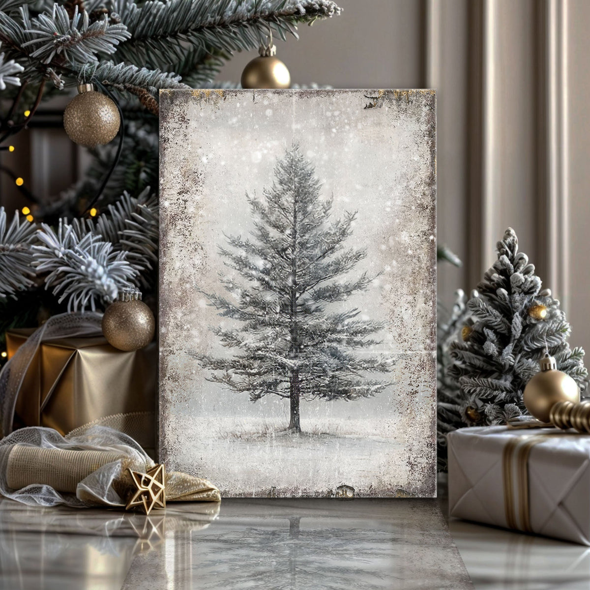 Vintage Christmas Tree Wall Art with Free Personalized Christmas Card