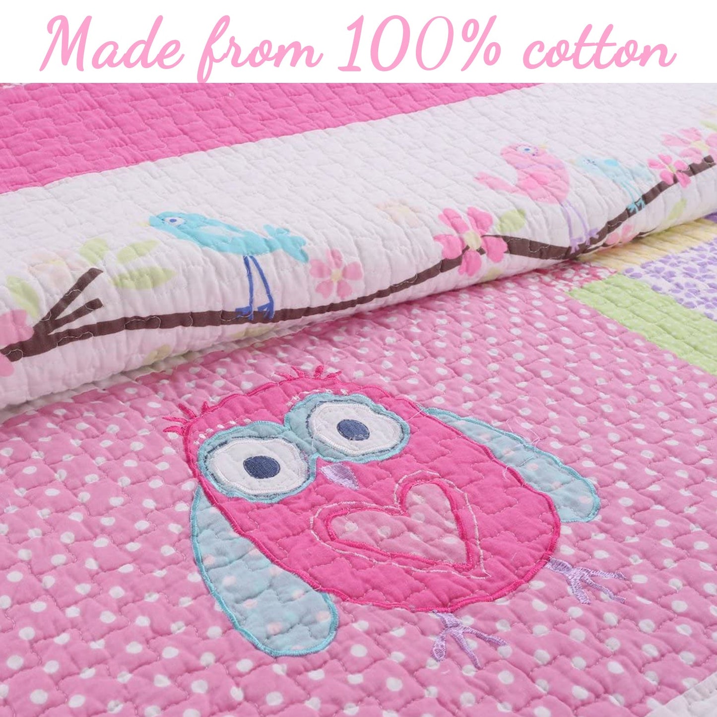 Pink Owl Print Patchwork Cotton Reversible Quilt Bedding Set