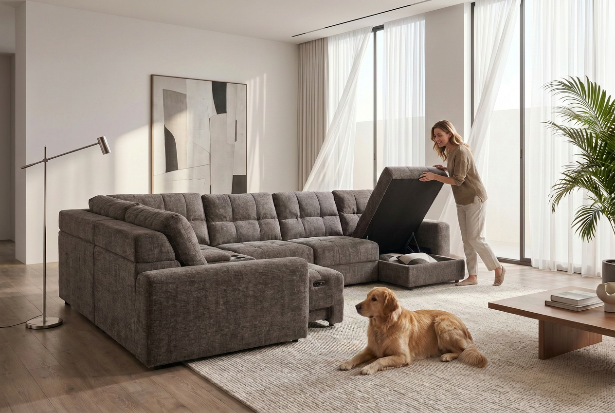 Haven Gunmetal 7-Piece Sleeper Sectional with Sliding Seats and Storage