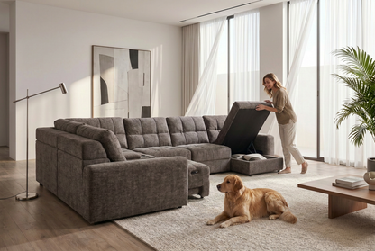 Haven Gunmetal 7-Piece Sleeper Sectional with Sliding Seats and Storage