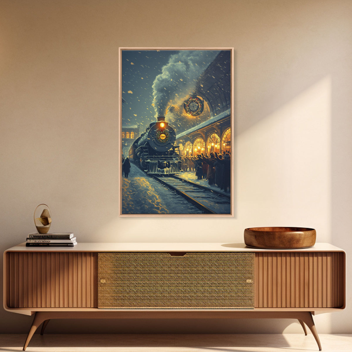 Nostalgic Christmas Train Station Scene in Snowy Winter Night, Ideal for Holiday Decor, Framed Canvas Print