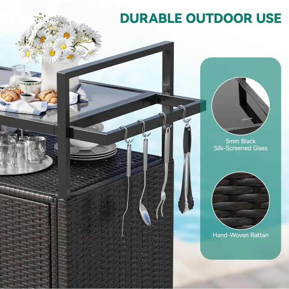 Large Outdoor Kitchen Wicker Island Rolling Cart, Patio Storage Cabinet w/Wheels