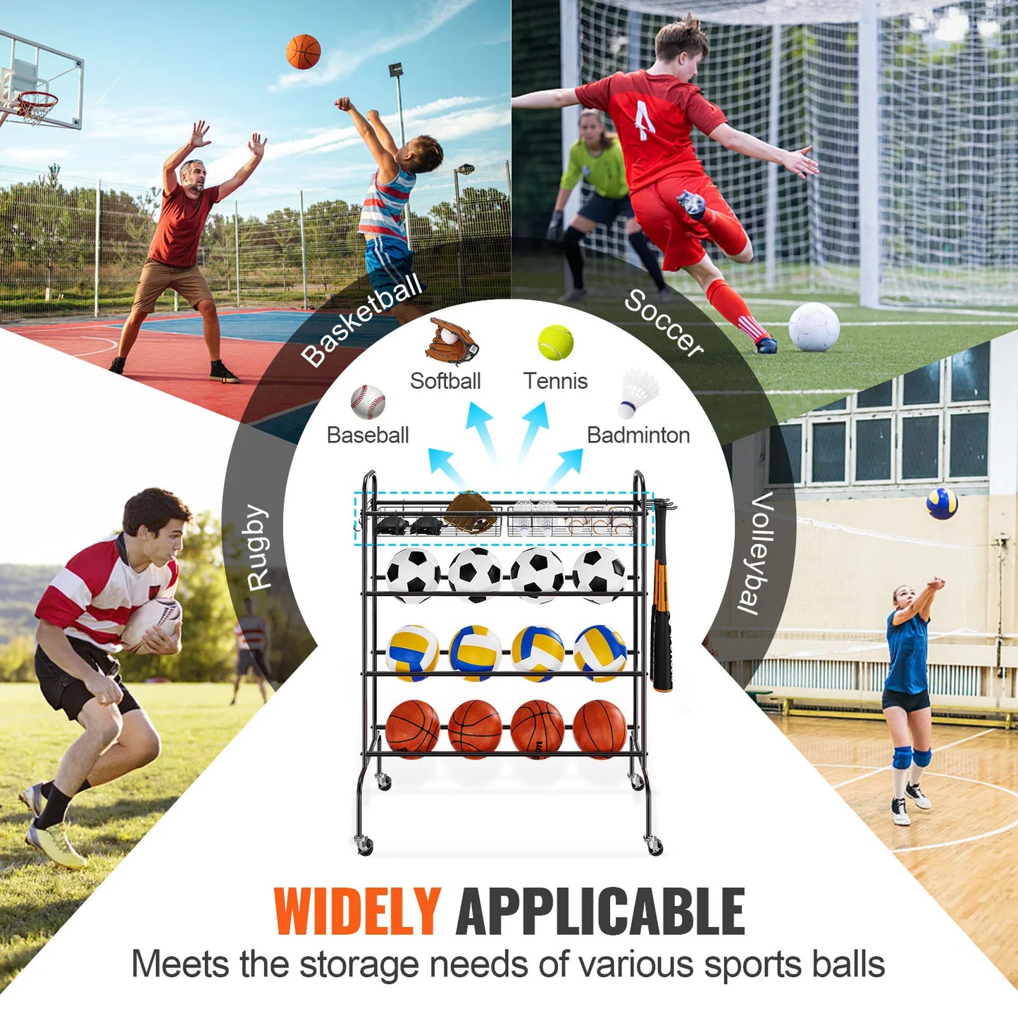 4-Layers Basketball Rack Rolling Storage Organizer