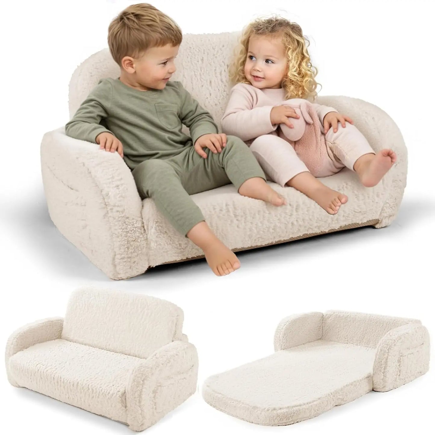 Convertible 2-in-1 Kids Couch & Lounger, Foldable Sofa Bed with High-Density Foam for Boys & Girls 3+, Beige