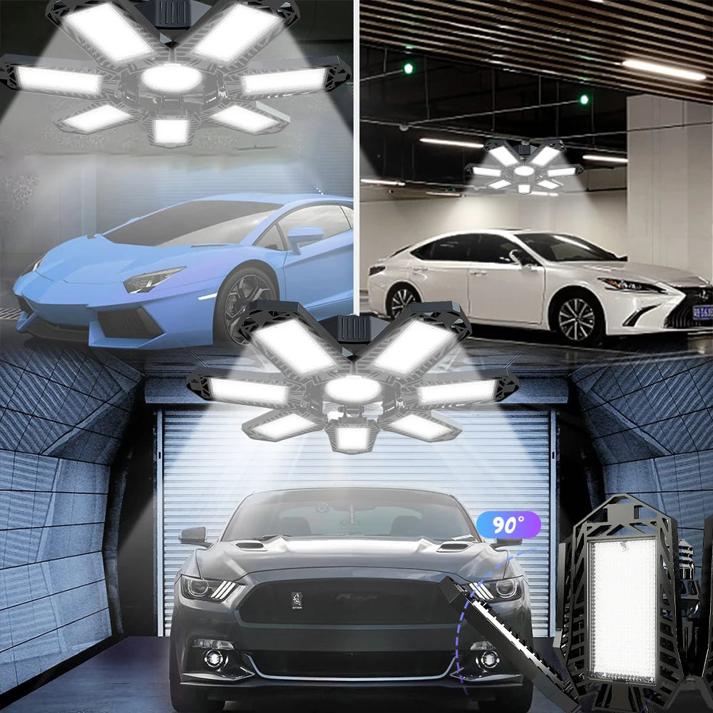 Folding Garage Lighting 120W LED Light E26 E27 Ceiling Lamp LED High Bay Lights UFO Deformable Bulb Garagenleuchte for Workshop