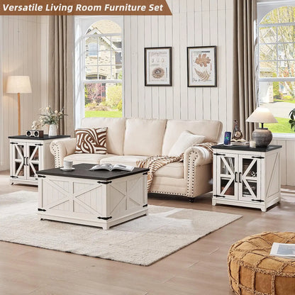 Farmhouse Coffee Table Sets 3 Pieces, Large End Side Tables with Charging Station and Coffee Table