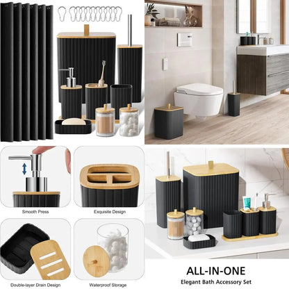22-Piece Black Bathroom Accessory Set: Shower Curtain, Trash Bin, Toilet Brush Holder, and Soap Dispenser for Stylish Home Bath
