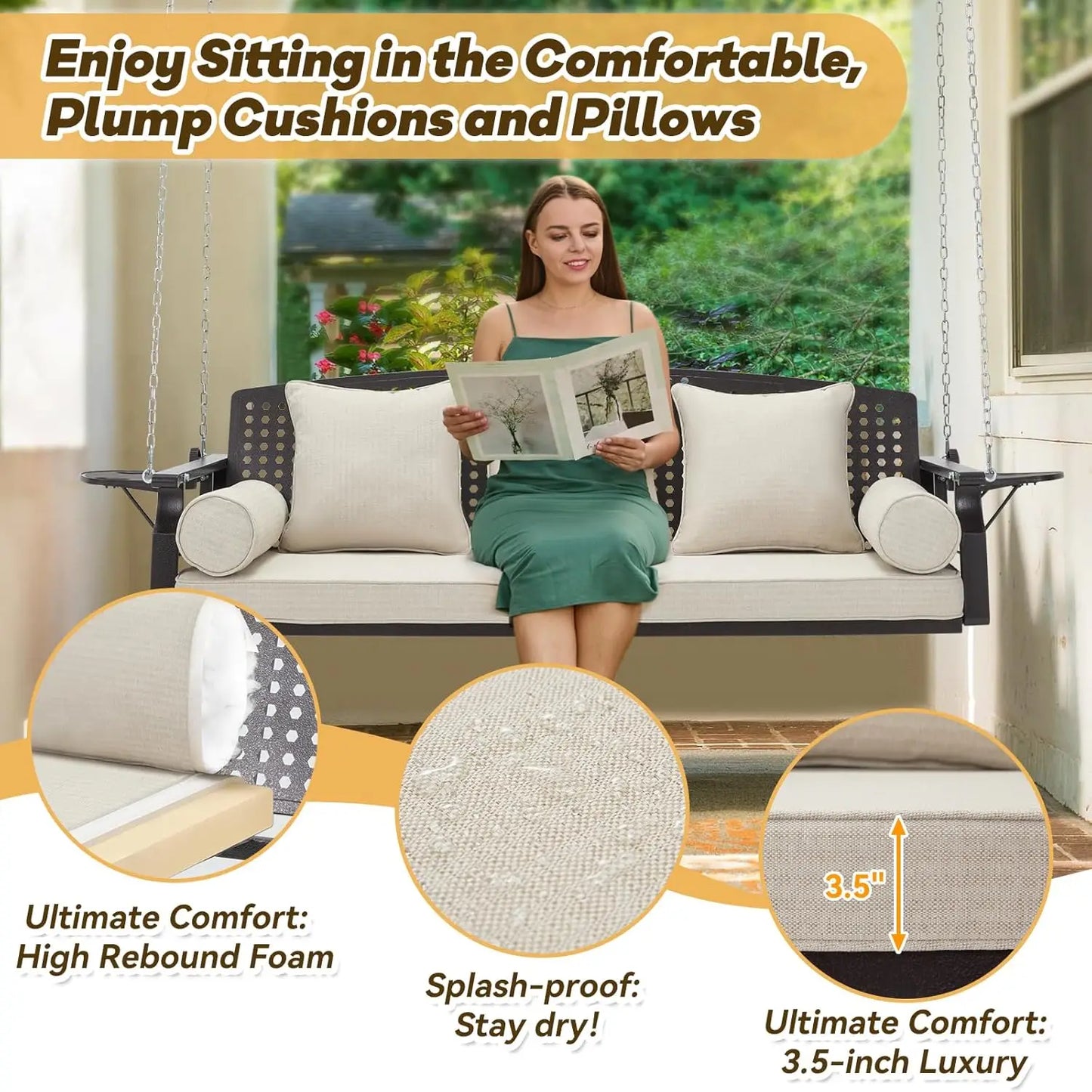3 Seat Porch Swing with Cup Holders & 3 Back Cushions, includes Chains