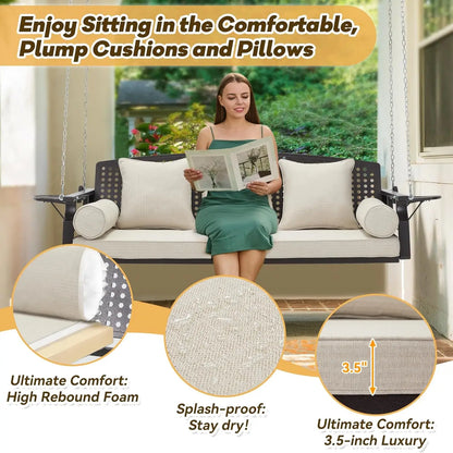 3 Seat Porch Swing with Cup Holders & 3 Back Cushions, includes Chains