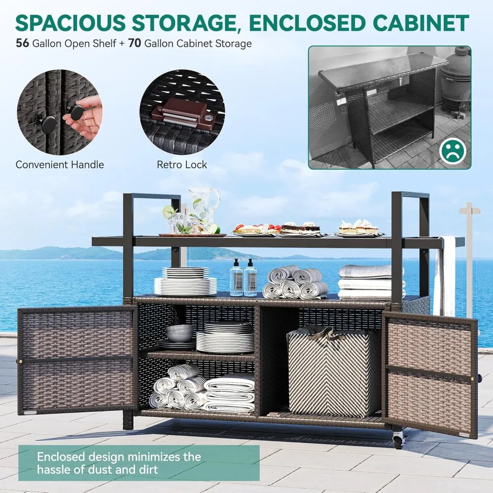 Large Outdoor Kitchen Wicker Island Rolling Cart, Patio Storage Cabinet w/Wheels