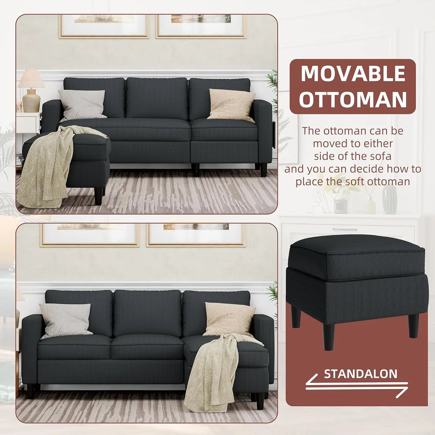 Convertible Sectional Sofa Couch L-Shape Movable Ottoman 3-Seat Soft Fabric Small Living Room Apartment Office Dark Gray, Custom