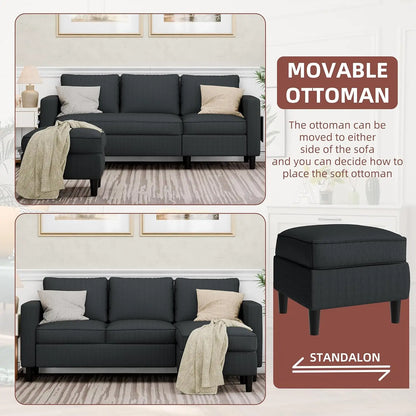 Convertible Sectional Sofa Couch L-Shape Movable Ottoman 3-Seat Soft Fabric Small Living Room Apartment Office Dark Gray, Custom