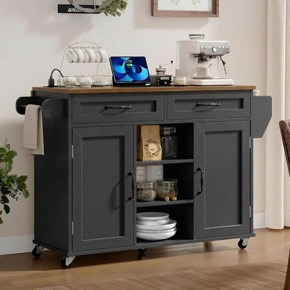 RALGEND Kitchen Island with Power Outlets & Drop Leaf, Kitchen Cart with Storage, Drawer and Spice Rack, Tower Rack