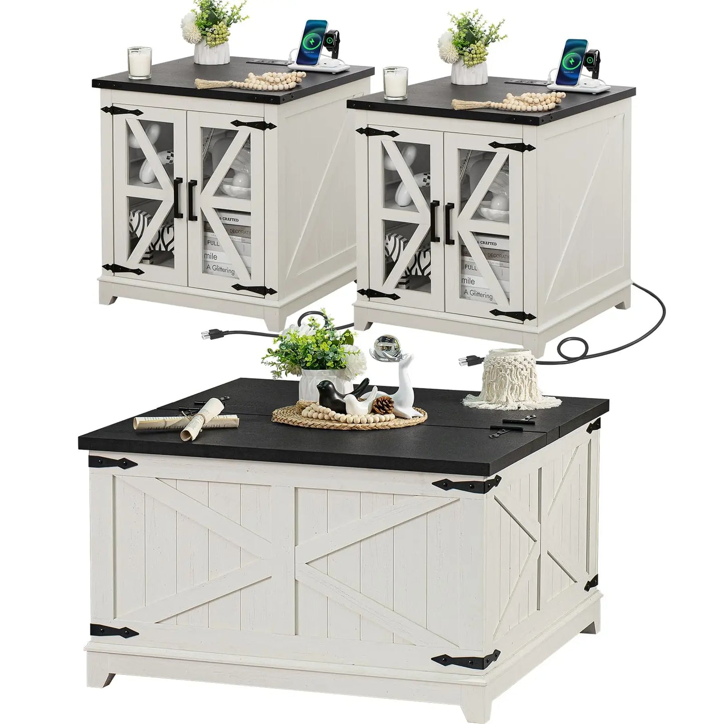Farmhouse Coffee Table Sets 3 Pieces, Large End Side Tables with Charging Station and Coffee Table