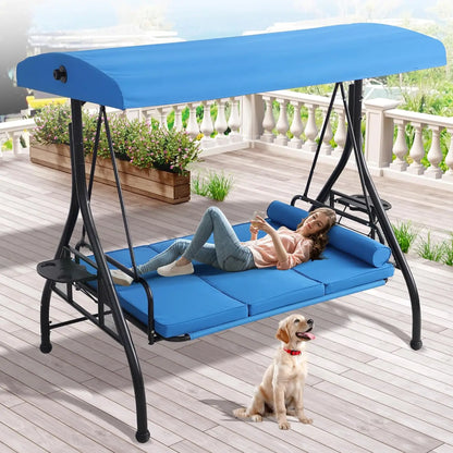 3 Person Outdoor Porch Swing with Canopy and Stand, Convertible 2 in 1 Porch Bed Swing , Customized