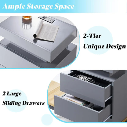 High Gloss End Table Set of 2 with Charging Station, Modern Bedside Table Night Stand with LED Lights,Customized