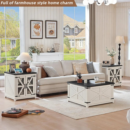 Farmhouse Coffee Table Sets 3 Pieces, Large End Side Tables with Charging Station and Coffee Table