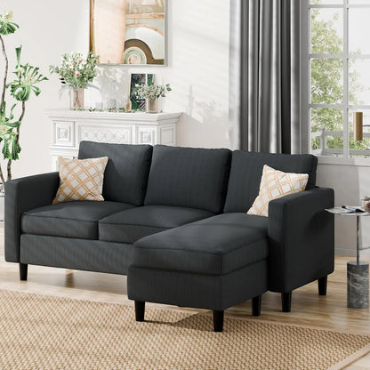 Convertible Sectional Sofa Couch L-Shape Movable Ottoman 3-Seat Soft Fabric Small Living Room Apartment Office Dark Gray, Custom