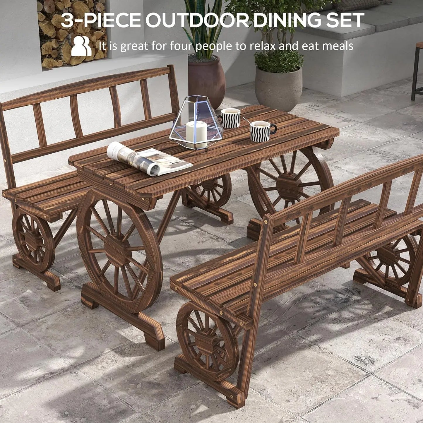 Outdoor Wooden Table and Chairs Set for 4 People, All Weather Patio Furniture with Wagon Wheel Design for Garden Deck
